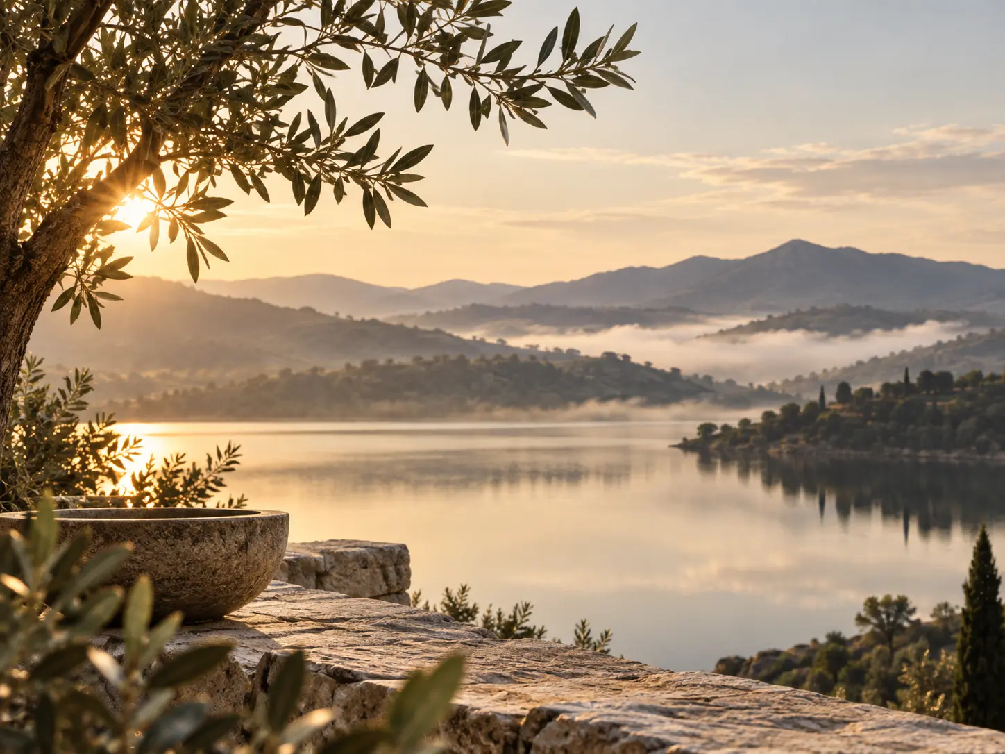 Paisagem contemplativa com oliveira, lago e montanhas