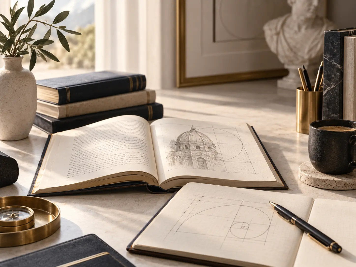 Livros, caderno e materiais de estudo em uma mesa iluminada
